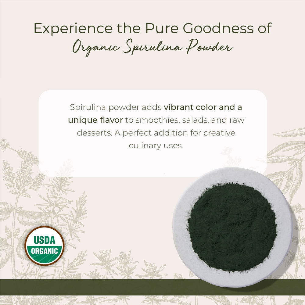 Starwest Botanicals organic spirulina powder jar shows vibrant color for juices.