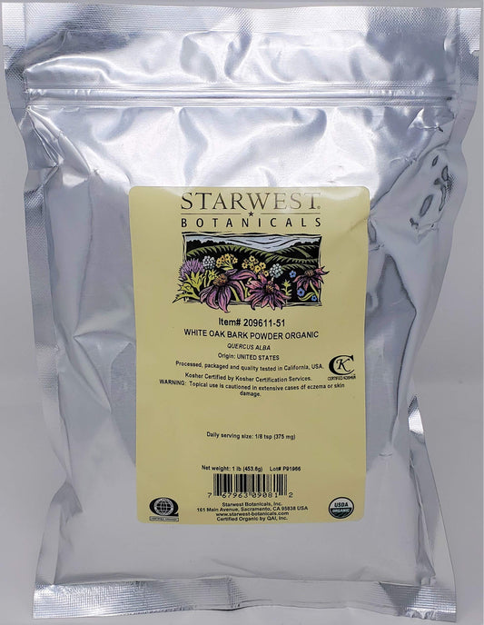 Starwest Botanicals Organic White Oak Bark Powder bottle for infusions and blends