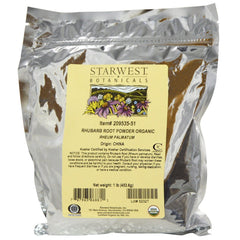 Starwest rhubarb root powder with scoop, ideal for culinary blends and herbal preparations.