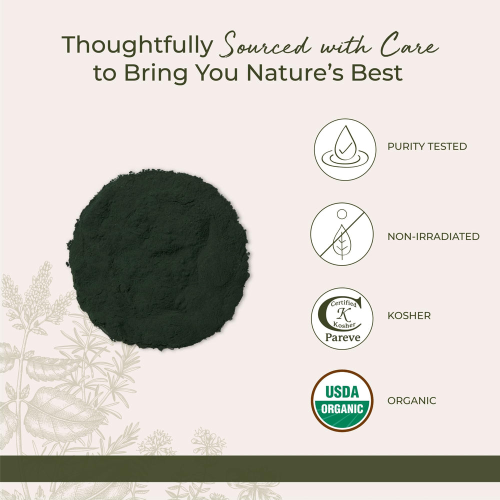 Starwest Botanicals spirulina powder close-up highlighting blue-green appearance.