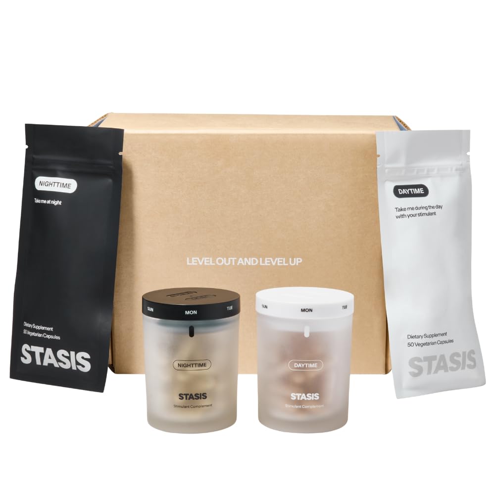 STASIS Day & Night set bottle—structured morning routine and focused daytime energy.