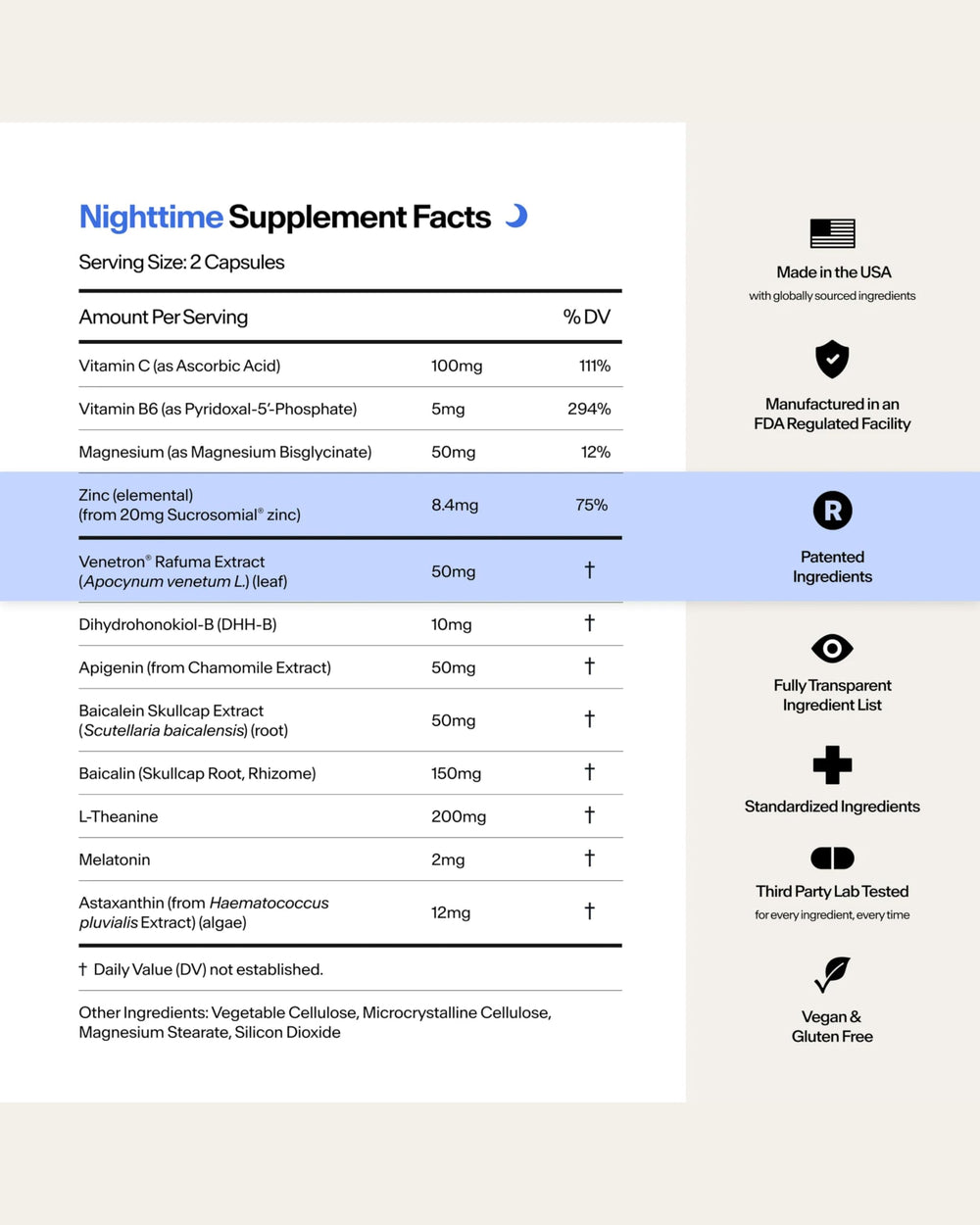 STASIS packaging contents show 25-day daytime and 25-night servings.