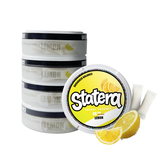 Statera Energy Pouches Lemon front view in can highlighting portable caffeine boost.