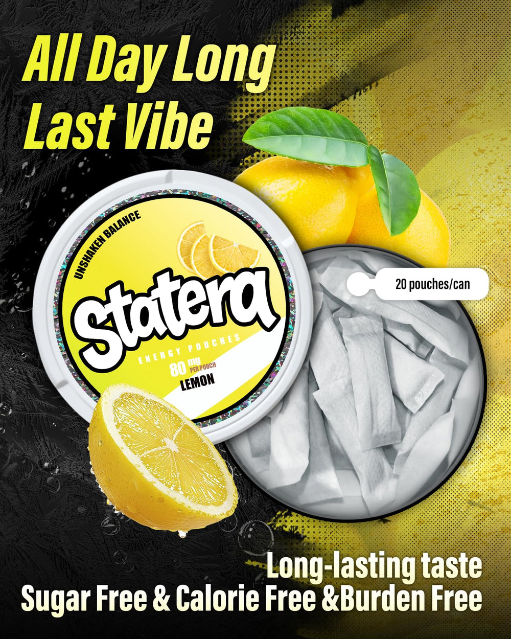 Statera Energy Pouches Lemon packaging design illustrating 5-pack convenience.