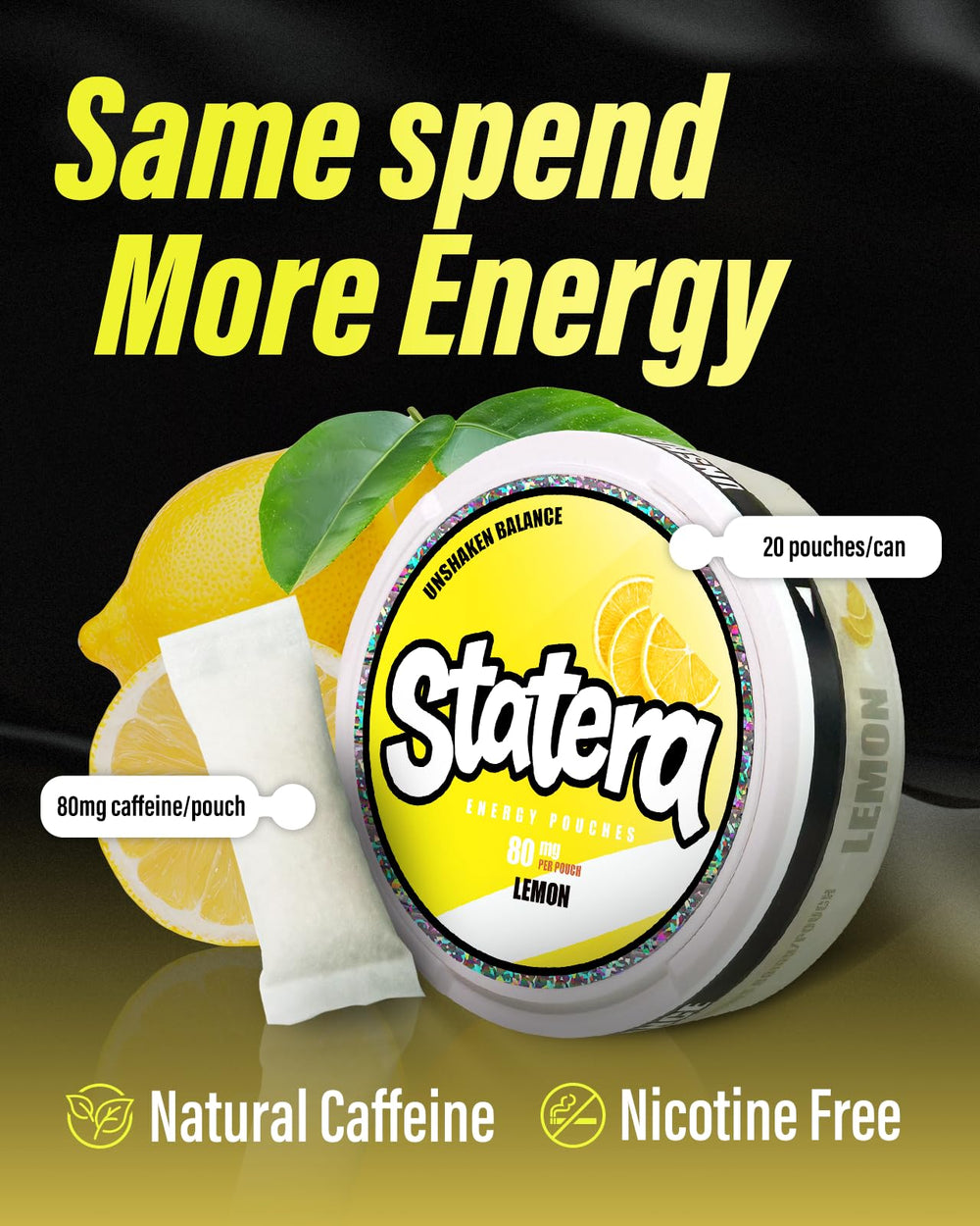 Statera Energy Pouches Lemon side view of can emphasizing compact, on-the-go energy.