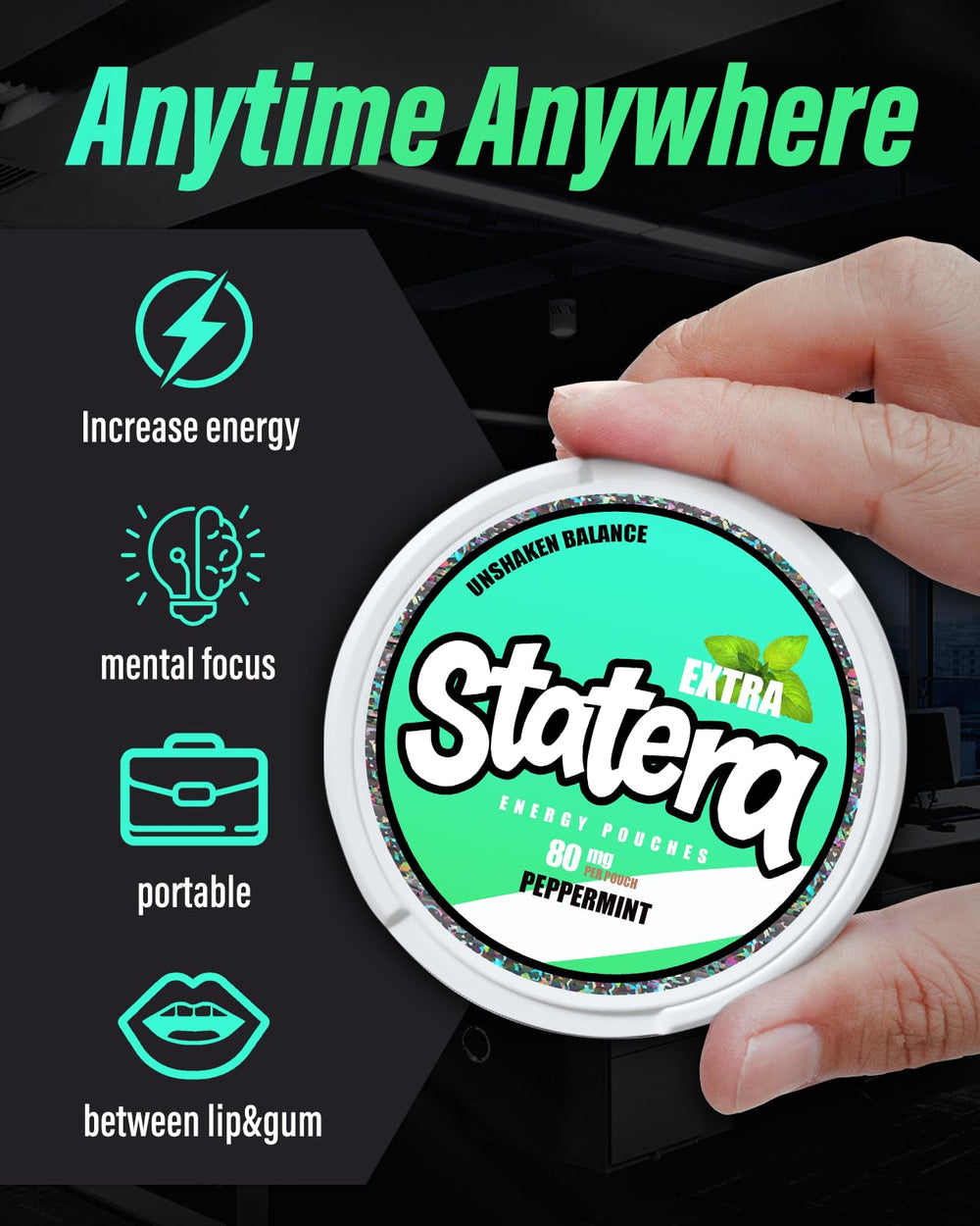 Statera Energy Pouches peppermint pouch close-up shows refreshing flavor and discreet use.