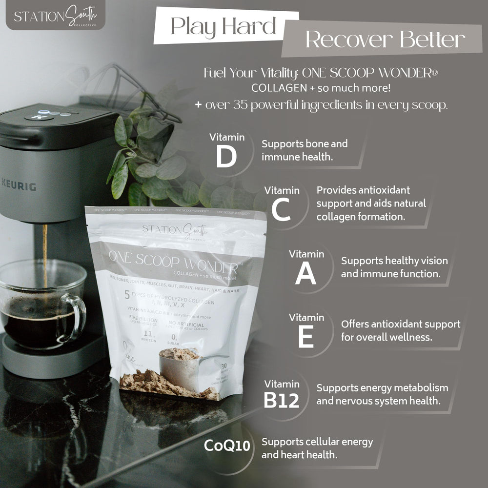 Station South Collective collagen jar on kitchen counter suggests effortless daily routine.