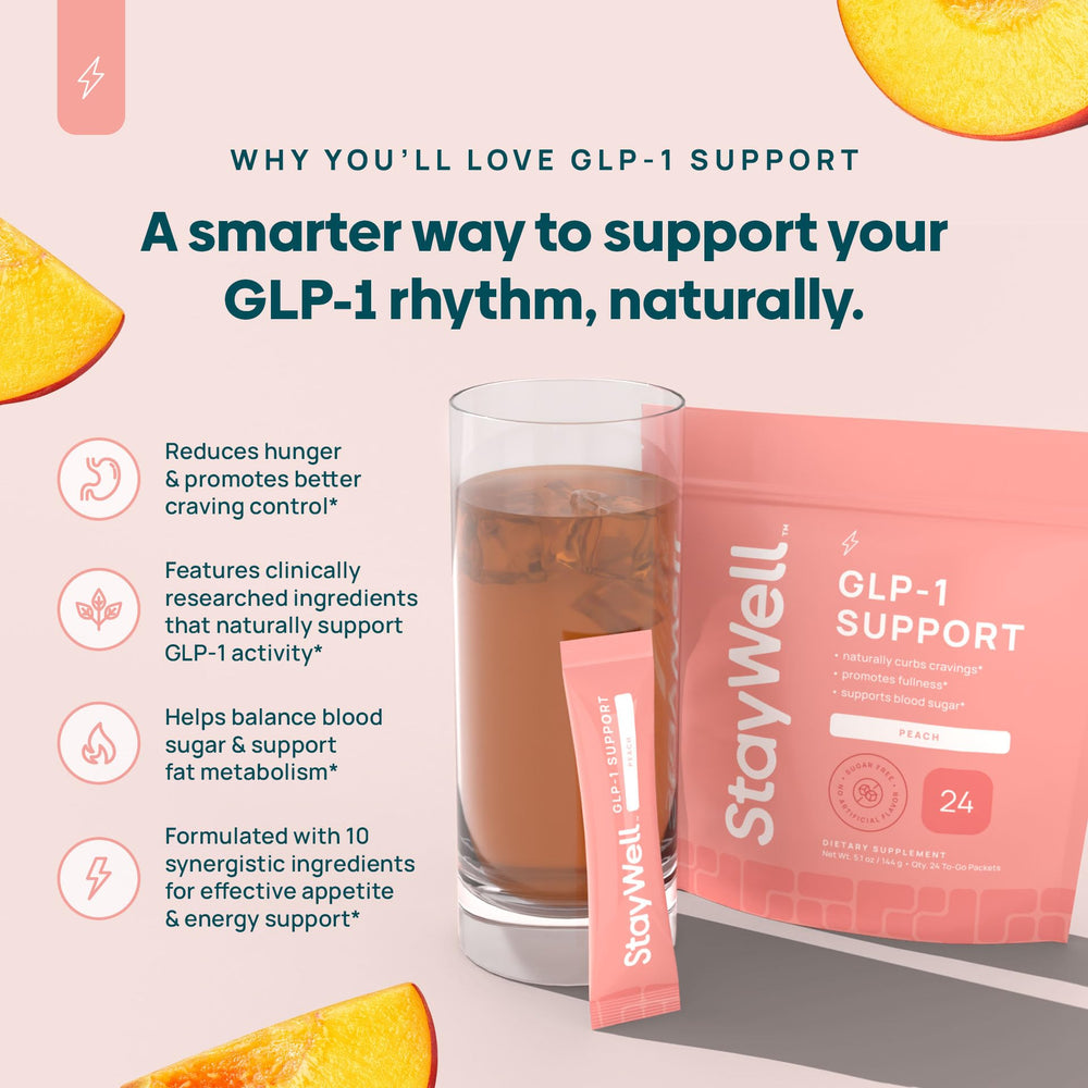Stay-Well Naturals GLP-1 Booster glass with prepared drink showcases peach flavor and refreshment for cravings