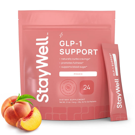 Stay-Well Naturals GLP-1 Booster peach bottle shows convenient daily support for appetite management