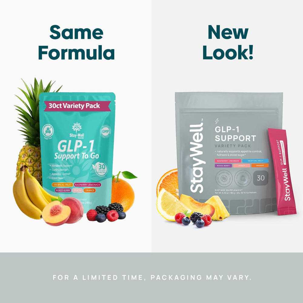 Stay-Well Naturals GLP-1 drink mix sachets with Yerba Mate and Garcinia Cambogia.