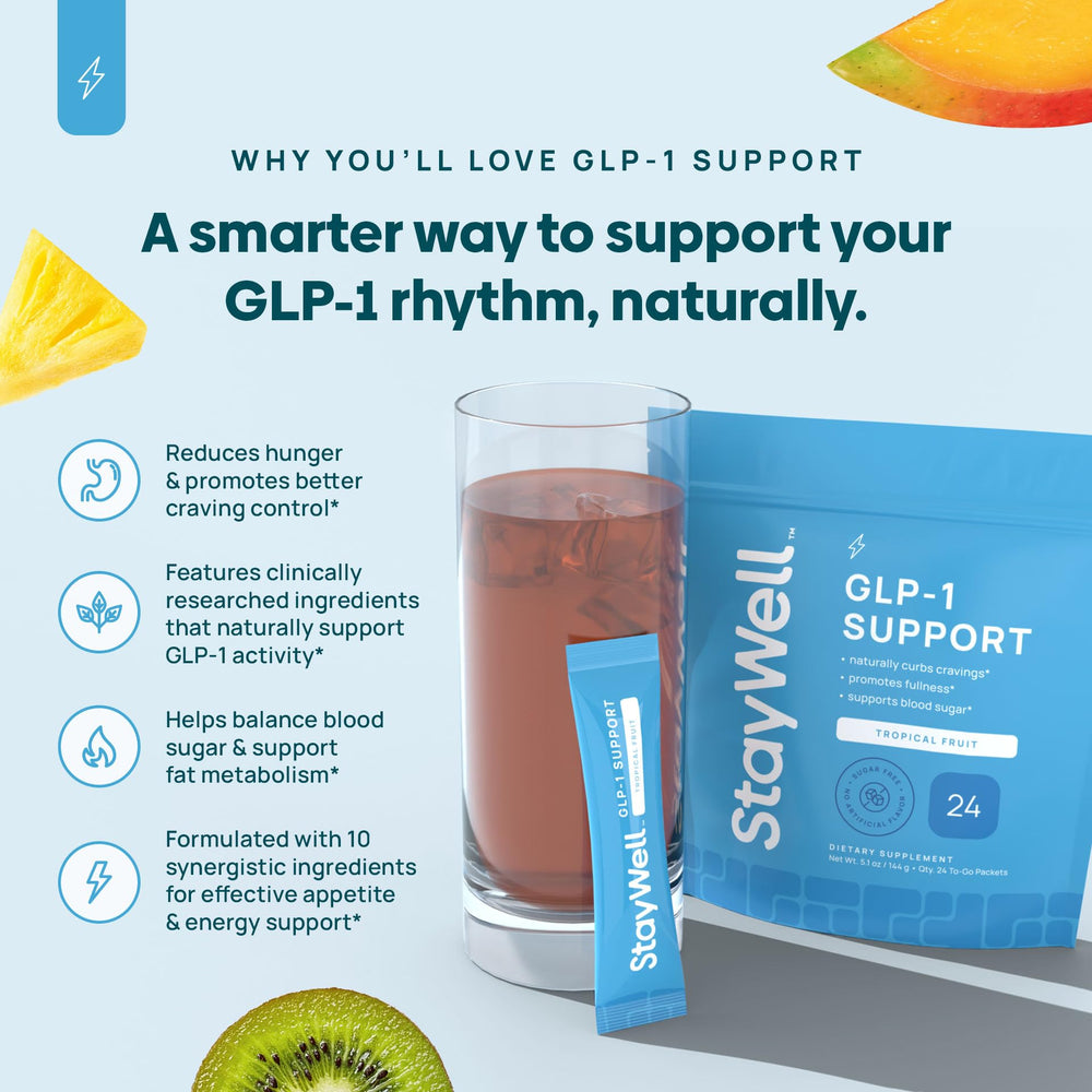 Stay-Well Naturals GLP-1 drink serving glass emphasizes easy mixing and refreshing taste.