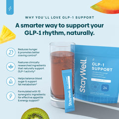 Stay-Well Naturals GLP-1 drink serving glass emphasizes easy mixing and refreshing taste.