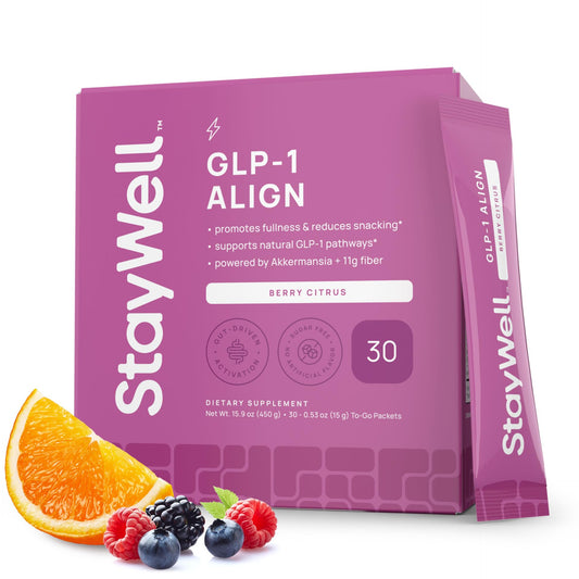 Stay-Well Naturals GLP-1 Probiotic Berry Citrus packaging showing natural ingredients and design for easy daily use