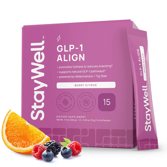 Stay-Well Naturals GLP-1 Probiotic bottle with berry citrus flavor for daily gut support.
