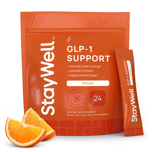 Stay-Well Naturals GLP-1 supplement bottle label highlighting appetite support.