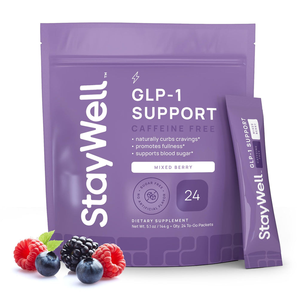 Stay-Well Naturals GLP-1 bottle for convenient daily drink mix and appetite awareness.