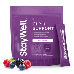 Stay-Well Naturals GLP-1 bottle being poured for appetite support.