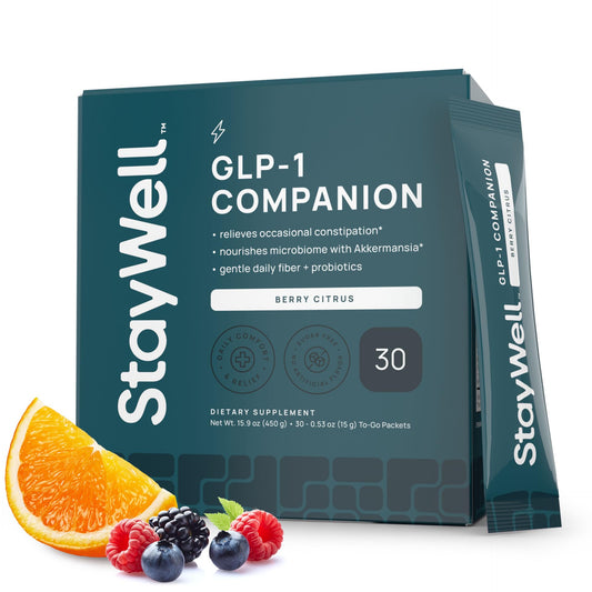 Stay-Well Naturals GLP-1 Constipation Support Berry Citrus tub — convenient daily gut health companion