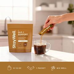 Stay-Well Naturals Slim Coffee GLP-1 bottle with glass ready for daily use.