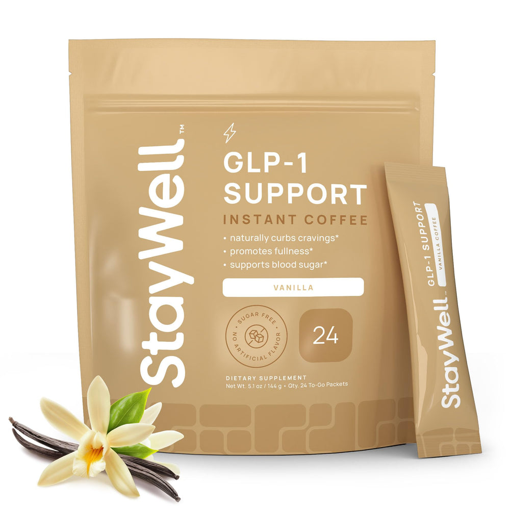 Stay-Well Naturals Slim Coffee GLP-1 Vanilla bottle pour supports appetite control in your morning routine.