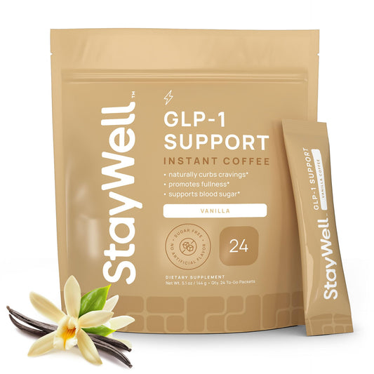 Stay-Well Naturals Slim Coffee GLP-1 Vanilla bottle pour supports appetite control in your morning routine.
