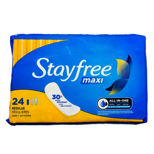 Stayfree Regular Maxi Pad 24ct front view shows discreet daily protection