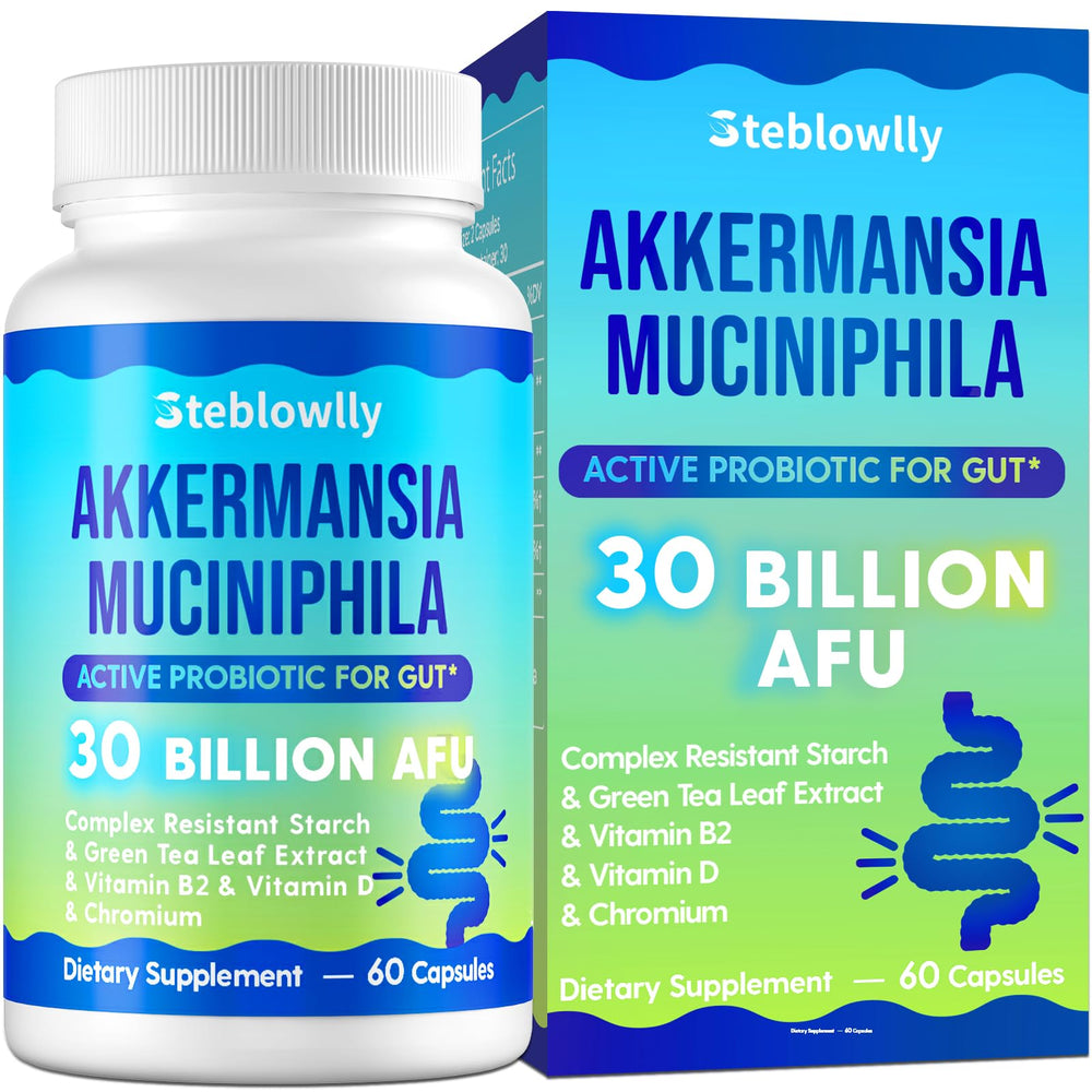 Steblowlly Akkermansia probiotic bottle for convenient daily gut support.