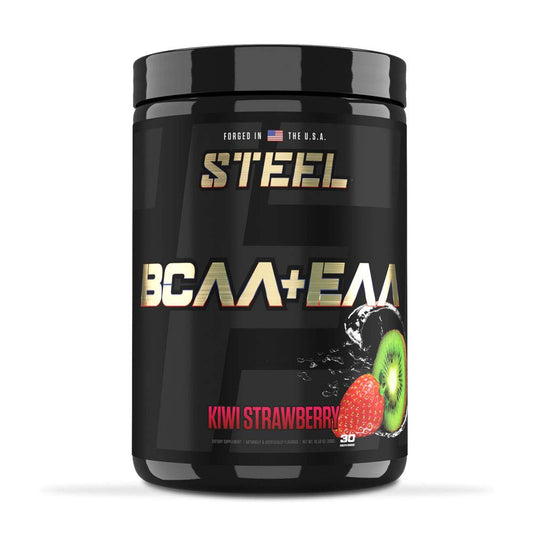 Steel Supplements BCAA EAA powder bottle with kiwi-strawberry flavor for recovery and lean gains