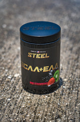 Steel Supplements BCAA EAA powder mixed in glass shows texture for sustained performance