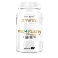 Steel Supplements Pro+Flora Probiotic bottle pour supports daily gut balance and immune health