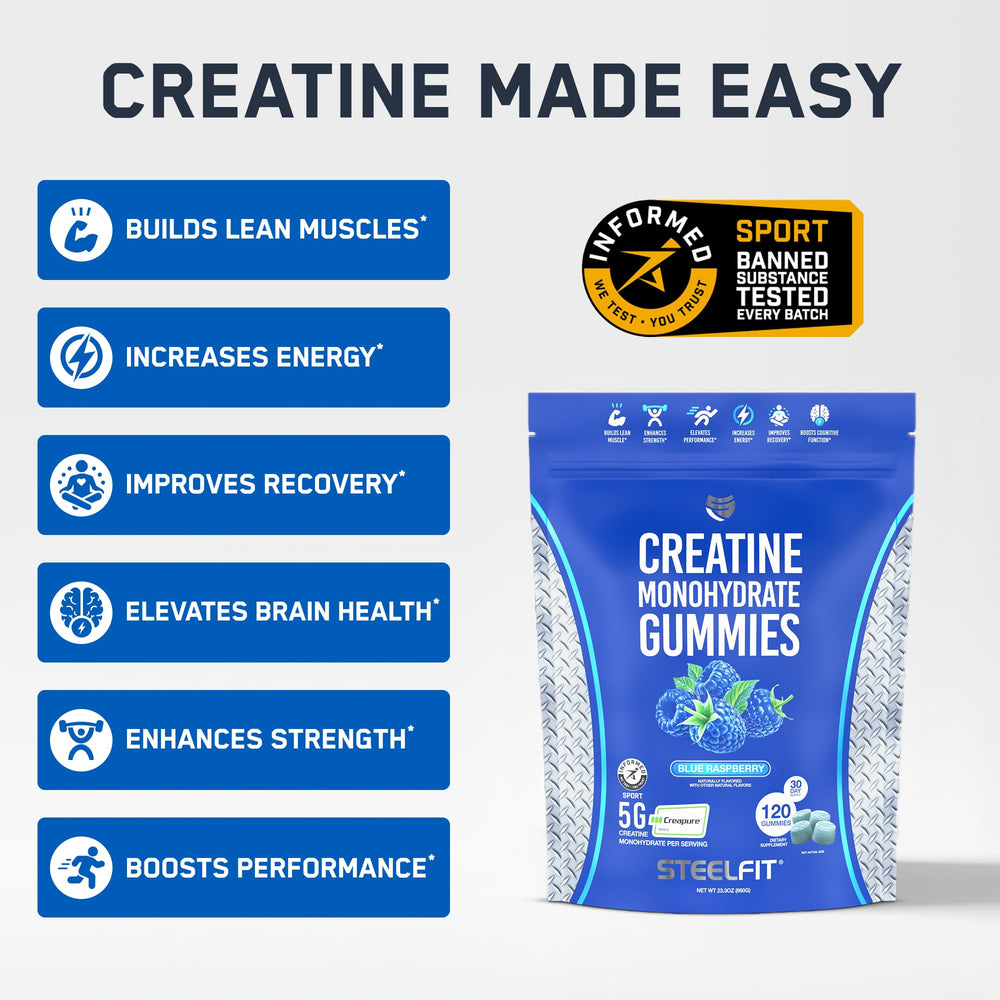 SteelFit Creapure Gummies close-up showing chewy texture for easy post-workout fueling.