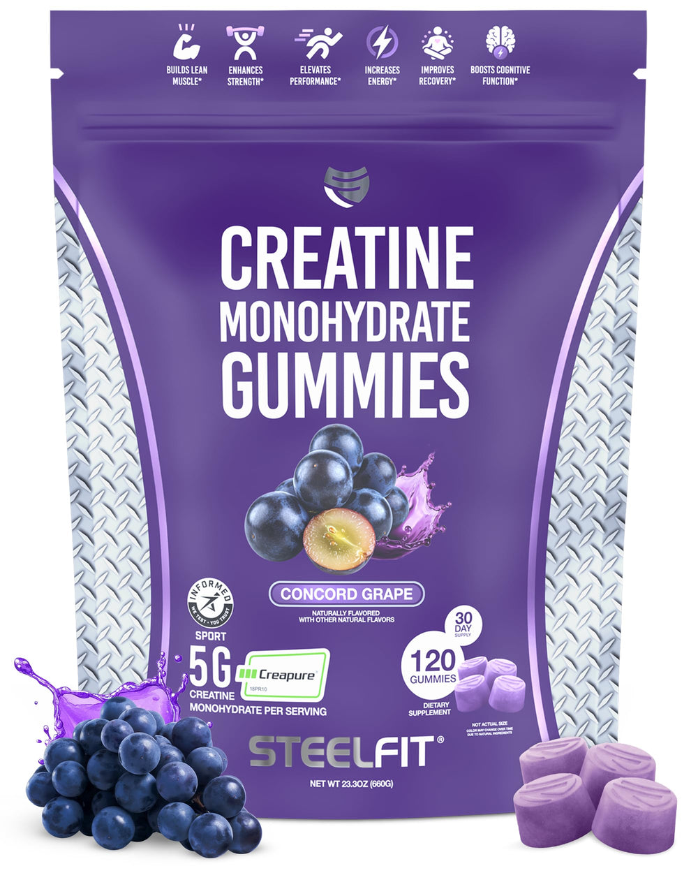 SteelFit Creapure Gummies bottle with Concord grape flavor for convenient training fueling.