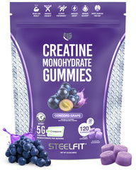 SteelFit Creapure Gummies bottle with Concord grape flavor for convenient training fueling.
