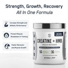 SteelFit Creatine HMB powder scoop demonstrates easy daily serving for consistent workouts.