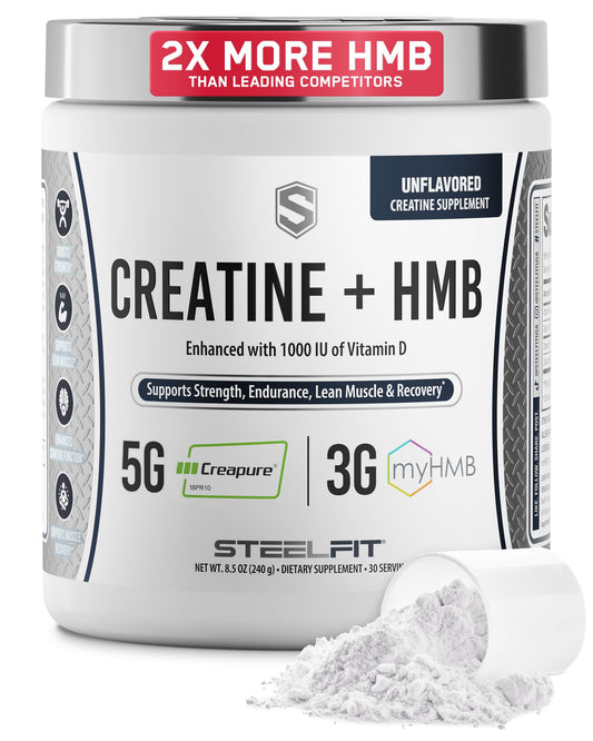 SteelFit Creatine HMB powder tub shows a clean, tasteless formula for workouts.