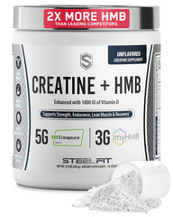 SteelFit Creatine HMB powder tub shows a clean, tasteless formula for workouts.