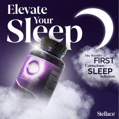 Stellace night capsules close-up with valerian root highlights natural relaxation.