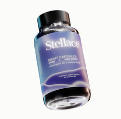 Stellace Premium Sleep bottle on nightstand supports a calm pre sleep routine.