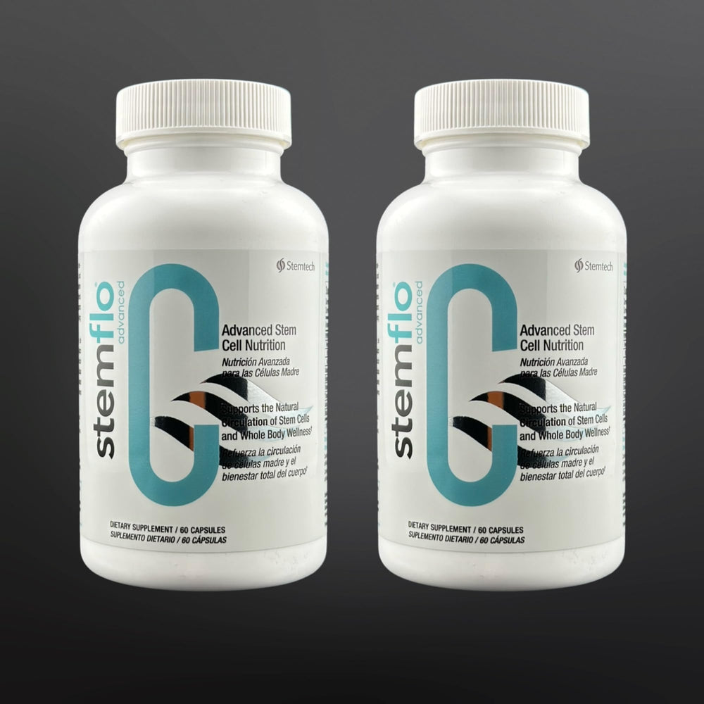 Stemtech StemFlo lifestyle scene showing capsules taken as part of daily routine