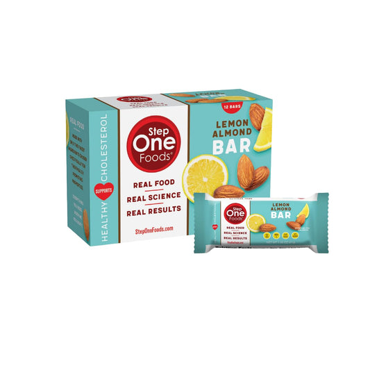 Step One Lemon Almond Bar pack front, a convenient heart-healthy snack.