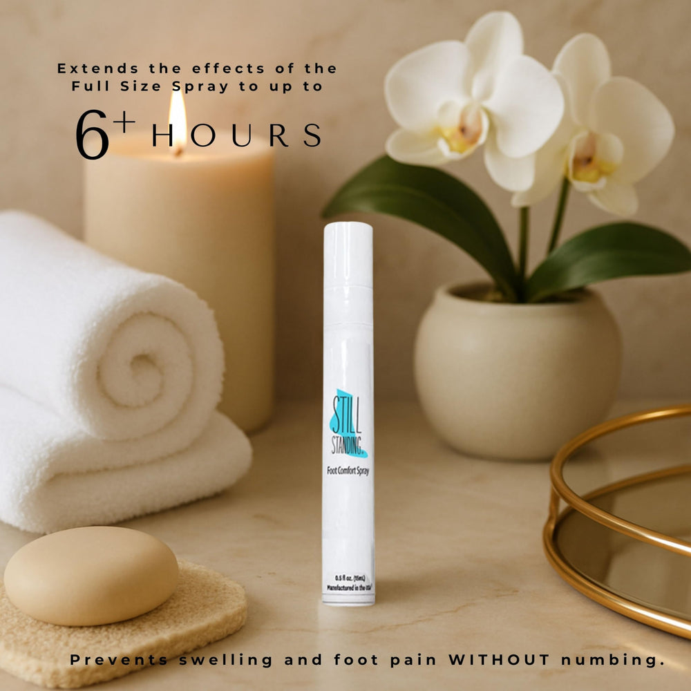 Still Standing travel-friendly mini sprays in bag for all-day foot refreshment.