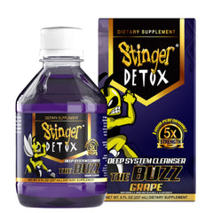 Stinger Detox Buzz 5X grape 8oz bottle ready for a convenient daily detox ritual