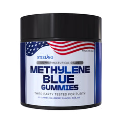 STIRLING Methylene Blue Gummies bottle label shows USP grade formula for daily focus