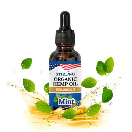 STIRLING Organic Hemp Oil bottle with mint flavor for daily wellness