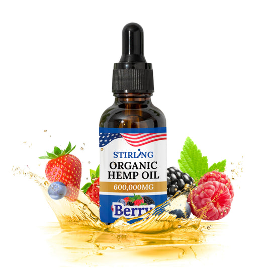 STIRLING Organic Hemp Oil bottle with berry flavor for daily use