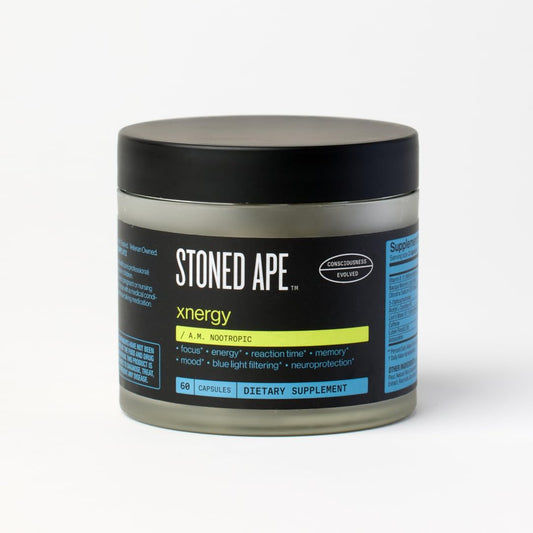 Stoned Ape Xnergy bottle label highlights branding and NSF Sport certification for trusted use.