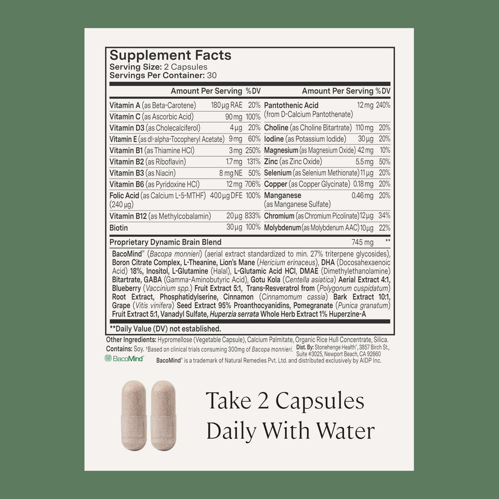 Stonehenge Health Dynamic Brain serving illustrating two capsules per dose