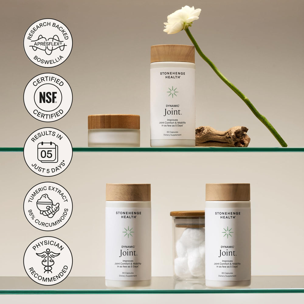 Stonehenge Health Dynamic Joint Health formula highlights vitamins C and D3 for immune and bone support.