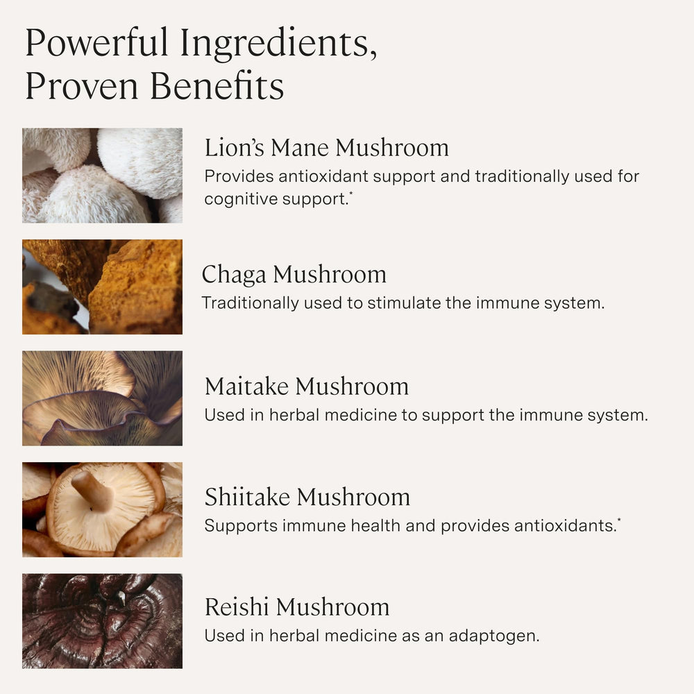 Stonehenge Health Dynamic Mushrooms label close-up emphasizes 100% fruiting bodies and non-GMO formulation