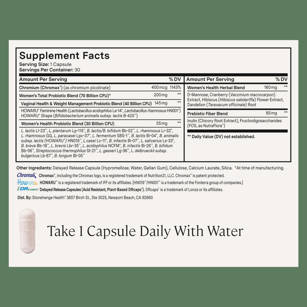 Daily routine scene with Stonehenge Health Biotics for Women beside a glass of water